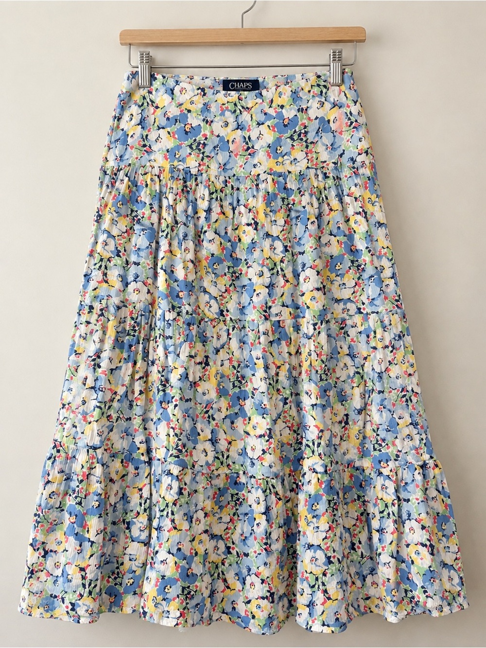 Chaps Blue Floral Tiered Maxi Skirt with Yellow and Pink Accents